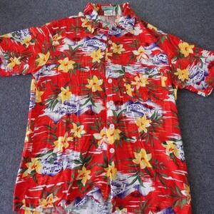 OTC Mens Hawaiian Shirt Large Red Tropical Hibiscus Floral Rayon Short Sleeve